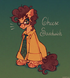 Size: 1274x1404 | Tagged: safe, artist:emobricosss, cheese sandwich, earth pony, pony, g4, brown mane, brown tail, clothes, collared shirt, colored eyebrows, colored pinnae, curly mane, curly tail, cute, diacheeses, ear fluff, ear piercing, earring, emanata, glasses, gradient background, green eyes, grin, jewelry, looking at you, male, name, necktie, noise, orange coat, orange hooves, oversized clothes, oversized shirt, piercing, shiny hooves, shirt, sitting, smiling, smiling at you, solo, stallion, tail, three quarter view, unshorn fetlocks, white pupils