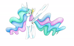 Size: 2208x1386 | Tagged: safe, artist:bluemagic, princess celestia, alicorn, pony, g4, ethereal mane, ethereal tail, horn, simple background, spread wings, tail, white background, wings