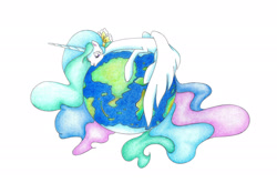 Size: 2132x1410 | Tagged: safe, artist:bluemagic, princess celestia, alicorn, pony, g4, ethereal mane, ethereal tail, globe, horn, simple background, tail, white background, wings