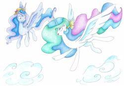 Size: 2238x1560 | Tagged: safe, artist:bluemagic, princess celestia, princess luna, alicorn, pony, g4, ethereal mane, ethereal tail, flying, hat, horn, simple background, spread wings, tail, wings