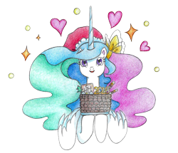 Size: 1098x945 | Tagged: safe, artist:bluemagic, princess celestia, alicorn, pony, g4, cake, christmas, food, happy new year 2025, hat, holiday, horn, santa hat, simple background, transparent background, wings