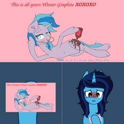 Size: 1502x1504 | Tagged: safe, artist:askwintergraphitepony, air way, pearly whites, oc, oc:winter graphite, pony, unicorn, g4, blushing, bottle, braces, female, horn, mare, sultry pose