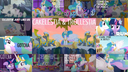 Size: 1280x720 | Tagged: safe, edit, edited screencap, editor:quoterific, screencap, derpy hooves, dj pon-3, fluttershy, pinkie pie, princess celestia, rainbow dash, rarity, spike, starlight glimmer, twilight sparkle, vinyl scratch, alicorn, dragon, earth pony, pegasus, pony, unicorn, a bird in the hoof, celestial advice, g4, horse play, make new friends but keep discord, mmmystery on the friendship express, my little pony: friendship is magic, no second prances, ponyville confidential, season 1, season 2, season 5, season 6, season 7, season 8, the best night ever, the cutie mark chronicles, cake, cakelestia, clothes, dress, female, food, gala dress, gotcha, mare, twilight sparkle (alicorn), unicorn twilight