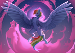 Size: 2287x1611 | Tagged: safe, artist:1nka, rainbow dash, pegasus, pony, belly, chest fluff, cloud, ear fluff, female, flying, large wings, mare, night, outdoors, ribcage, smiling, solo, spread wings, wings