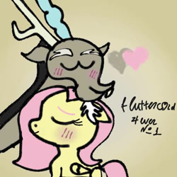 Size: 512x512 | Tagged: safe, artist:lia2024fluttercord, discord, fluttershy, blushing, cute, female, heart, male, ship:discoshy, shipping, signature, straight