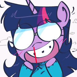 Size: 1000x1000 | Tagged: safe, artist:sundzy, twilight sparkle, anthro, g4, blood, braces, clothes, female, glasses, nosebleed, solo, sweater