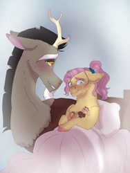 Size: 750x1000 | Tagged: safe, artist:cocolove2176, discord, fluttershy, draconequus, hybrid, pegasus, pony, g4, baby, crying, female, filly, flower, flower in hair, foal, heartwarming, hospital, interspecies, interspecies offspring, male, mare, newborn, offspring, older, older fluttershy, parent:discord, parent:fluttershy, parents:discoshy, ship:discoshy, shipping, story in the source, straight