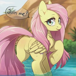 Size: 1280x1280 | Tagged: safe, alternate version, artist:fensu-san, fluttershy, pegasus, pony, g4, bronybait, butt, cute, dock, featureless crotch, female, flutterbutt, looking at you, looking back, looking back at you, mare, outdoors, plot, raised hoof, raised tail, shyabetes, solo, speech bubble, tail, talking to viewer, water, wet, wet mane, wings