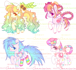 Size: 3004x2784 | Tagged: safe, artist:anno酱w, oc, oc only, butterfly, earth pony, food pony, pegasus, pony, unicorn, adoptable, base used, beanbrows, blue eyelashes, blue panties, bow, bowtie, braid, braided tail, candy gore, chibi, chinese, clothes, colored eyelashes, colored hooves, colored pupils, commission, donut, eyebrows, eyeshadow, flower, food, gore, gradient mane, gradient tail, group, hairclip, hat, hooves, horn, japanese, jewelry, lidded eyes, magenta pupils, makeup, multicolored hair, neck ribbon, necklace, obtrusive watermark, orange pupils, package, pink eyelashes, pink pupils, ponified, purple eyelashes, quartet, rainbow, rainbow eyeshadow, rainbow hair, rainbow socks, raised hoof, red eyelashes, simple background, socks, sparkles, sparkly mane, sparkly tail, striped socks, sun hat, sunflower, tail, tail bow, watermark, white background, wings