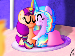 Size: 2160x1620 | Tagged: safe, artist:jesslmc16, izzy moonbow, sunny starscout, alicorn, unicorn, g5, augmented, blanket, blushing, cuddling, duo, duo female, eyes closed, female, fire, hoof hold, horn, izzy rainbow, lesbian, looking at each other, looking at someone, lying down, mane stripe sunny, mare, race swap, rug, shadow, ship:moonscout, shipping, smiling, smiling at each other, sunnycorn