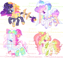 Size: 3004x2784 | Tagged: safe, artist:anno酱w, oc, oc only, earth pony, original species, pony, unicorn, adoptable, base used, blue eyelashes, body markings, bow, bowtie, clothes, cloud, cloud mane, colored eyelashes, colored hooves, colored pupils, constellation freckles, eyelashes, eyeshadow, flower, flower in hair, flower in tail, fluffy leg warmers, food, freckles, hair bun, hooves, horn, leg markings, leg warmers, leonine tail, long tail, makeup, multicolored hair, obtrusive watermark, paw socks, paws, pigtails, pink pupils, ponytail, purple eyelashes, purple pupils, rainbow hair, raised hoof, simple background, small wings, socks, space buns, sparkles, sparkly mane, sparkly tail, sprinkles, sprinkles in hair, sprinkles in mane, sprinkles in tail, stars, tail, tail wings, unshorn fetlocks, watermark, white background, wings