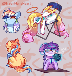 Size: 2352x2514 | Tagged: safe, artist:greenmaneheart, oc, oc:angel light, oc:aquatic paint, oc:fruity orange, oc:starchaser, g4, :i, chair, chocolate, commission, drink, empathy cocoa, food, glowing, glowing horn, hooves together, horn, hot chocolate, i mean i see, magic, signature, slouching, telekinesis, ych result