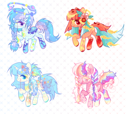 Size: 3256x2952 | Tagged: safe, artist:anno酱w, oc, oc only, earth pony, pegasus, pony, unicorn, g1, adoptable, base used, beach, bow, bowtie, cloud, flower, halo, horn, petals, pigtails, planet, rainbow, seashell, simple background, stars, white background