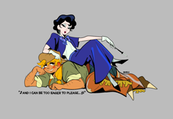 Size: 1930x1327 | Tagged: safe, artist:bixels, applejack, rarity, human, the grand galloping 20s, fame and misfortune, g4, my little pony: friendship is magic, blush sticker, blushing, boots, chaps, cigarette, cigarette holder, clothes, cowboy boots, duo, duo female, ear blush, female, gloves, gray background, grin, humanized, jacket, lesbian, lidded eyes, light skin, lipstick, looking at each other, looking at someone, lying down, on side, scene interpretation, ship:rarijack, shipping, shoes, simple background, skirt, smiling, smiling at each other, tan skin