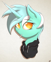 Size: 1600x1952 | Tagged: safe, artist:capseys, lyra heartstrings, pony, unicorn, g4, candy, clothes, ear fluff, eyebrows, eyebrows visible through hair, female, food, hoodie, horn, lollipop, mare, solo