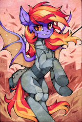 Size: 1406x2087 | Tagged: safe, artist:lispp, oc, oc only, oc:silvia noctis, bat pony, pony, armor, bat pony oc, bat wings, commission, ear fluff, female, looking at you, mare, slit pupils, solo, spread wings, traditional art, wings