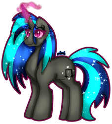 Size: 1280x1411 | Tagged: safe, artist:dazzlingmimi, dj pon-3, vinyl scratch, pony, unicorn, g4, darkened coat, darkened hair, diamond pupils, female, glowing, glowing horn, horn, mare, nightmare vinyl scratch, nightmarified, simple background, smiling, solo, starry hair, transparent background