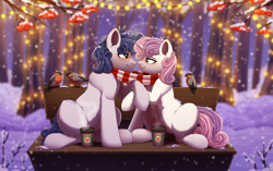 Size: 4480x2808 | Tagged: safe, artist:dinoalpaka, sweetie belle, oc, bird, earth pony, pony, unicorn, g4, canon x oc, clothes, coffee cup, coffee mug, cup, duo, duo male and female, female, holding hooves, horn, looking into each others eyes, male, mare, mug, older, older sweetie belle, outdoors, scarf, shared clothing, shared scarf, sharing, shipping, snow, stallion, straight, striped scarf, winter