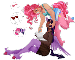 Size: 4500x3600 | Tagged: safe, artist:altarichiru, pinkie pie, twilight sparkle, alicorn, earth pony, human, pony, satyr, g4, absurd resolution, alcohol, blushing, book, breasts, busty pinkie pie, cleavage, clothes, dark skin, duo, duo female, female, glass, heart, humanized, lesbian, looking at each other, looking at someone, pictogram, plaid skirt, satyrized, ship:twinkie, shipping, simple background, skirt, smiling, smiling at each other, standing, standing on one leg, tan skin, transparent background, twilight sparkle (alicorn), unshorn fetlocks, wine, wine glass