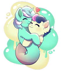 Size: 2400x2858 | Tagged: safe, artist:morrigun, bon bon, lyra heartstrings, sweetie drops, pony, unicorn, do princesses dream of magic sheep, g4, my little pony: friendship is magic, cuddling, cute, eyes closed, female, floating heart, fusion, heart, horn, hug, lesbian, lyrabon (fusion), paint splatter, pushmi-pullyu, ship:lyrabon, shipping, signature