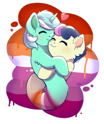 Size: 2400x2858 | Tagged: safe, alternate version, artist:morrigun, bon bon, lyra heartstrings, sweetie drops, pony, unicorn, do princesses dream of magic sheep, g4, my little pony: friendship is magic, cuddling, cute, eyes closed, female, fusion, heart, horn, hug, lesbian, lesbian pride flag, lyrabon (fusion), pride, pride flag, pushmi-pullyu, ship:lyrabon, shipping, signature