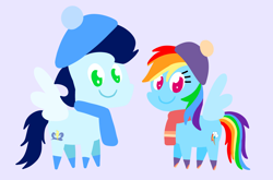 Size: 3552x2347 | Tagged: safe, anonymous artist, derpibooru exclusive, rainbow dash, soarin', pegasus, pony, series:soarindash winter, female, looking at you, male, mare, pointy ponies, ship:soarindash, shipping, smiling, smiling at you, stallion, straight, winter clothes