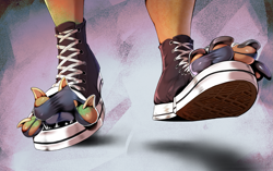 Size: 1469x920 | Tagged: safe, artist:quimera-art, discord, draconequus, human, clothes, converse, feet, human to draconequus, shoes, socks, solo, torn clothes, transformation, transformation sequence