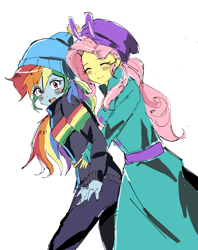 Size: 2264x2857 | Tagged: safe, artist:i870820, fluttershy, rainbow dash, human, equestria girls, g4, clothes, duo, duo female, female, hug, lesbian, ship:flutterdash, shipping, simple background, white background, winter outfit