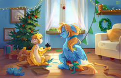 Size: 2892x1852 | Tagged: safe, artist:ivvi, oc, oc only, oc:beaky, oc:brave blossom, griffon, pegasus, pony, fanfic:yellow feathers, book, christmas, duo, feather, female, griffon oc, high res, holiday, indoors, kite, male, mother and child, mother and son, painting, pegasus oc