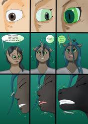 Size: 1614x2283 | Tagged: safe, artist:tf-plaza, queen chrysalis, changeling, changeling queen, human, g4, comic, glasses, human to changeling, speech bubble, transformation, transformation sequence