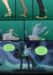 Size: 1618x2277 | Tagged: safe, artist:tf-plaza, queen chrysalis, changeling, changeling queen, human, g4, clothes, comic, female, human female, human to changeling, mental shift, ripping clothes, speech bubble, transformation, transformation sequence