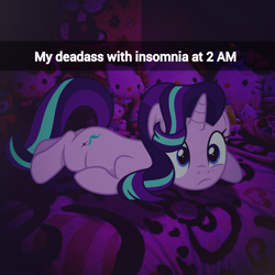 Size: 2048x2048 | Tagged: safe, artist:jhayarr23, artist:trrrebleee, edit, vector edit, starlight glimmer, pony, unicorn, g4, bedroom, caption, hello kitty, horn, insomnia, lying down, meme, real life background, sanrio, snapchat, text, vector