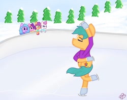 Size: 1080x856 | Tagged: safe, artist:heart k art, hitch trailblazer, izzy moonbow, pipp petals, sunny starscout, zipp storm, earth pony, pegasus, pony, unicorn, series:heart k art g5 advent calendar, g5, advent calendar, clothes, female, horn, ice, ice skates, ice skating, male, mane five, mare, skates, snow, stallion, winter, winter outfit