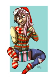 Size: 905x1280 | Tagged: safe, artist:kaeaskavi, fluttershy, human, pony, christmas, christmas sweater, clothes, denim, glasses, hat, holiday, human to pony, jeans, pants, present, santa hat, sitting, socks, solo, striped socks, sweater, transformation