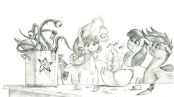 Size: 1600x893 | Tagged: safe, artist:baron engel, apple bloom, scootaloo, sweetie belle, earth pony, pegasus, pony, unicorn, cooking, cutie mark crusaders, elder sign, female, filly, foal, food, horn, pencil drawing, story included, sweetie belle can't cook, sweetie fail, traditional art