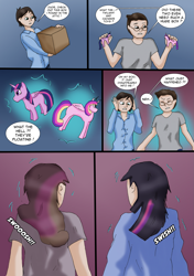 Size: 1609x2290 | Tagged: safe, artist:tf-plaza, princess cadance, twilight sparkle, alicorn, human, pony, g4, comic, dialogue, duo, figurine, human to anthro, speech bubble, transformation, transformation sequence, transgender transformation, twilight sparkle (alicorn)