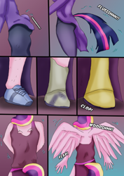 Size: 1614x2283 | Tagged: safe, artist:tf-plaza, princess cadance, twilight sparkle, human, anthro, unguligrade anthro, g4, clothes, comic, duo, female, human to anthro, spread wings, tail, transformation, transformation sequence, transforming clothes, transgender transformation, wings