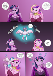 Size: 1608x2292 | Tagged: safe, artist:tf-plaza, princess cadance, princess flurry heart, twilight sparkle, alicorn, anthro, g4, breasts, cleavage, clothes, comic, dialogue, female, human to anthro, lingerie, mental shift, speech bubble, transformation, transformation sequence, transgender transformation, twilight sparkle (alicorn)