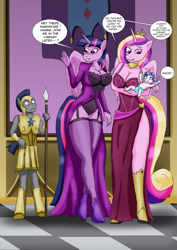 Size: 1613x2284 | Tagged: safe, artist:tf-plaza, princess cadance, princess flurry heart, twilight sparkle, alicorn, anthro, unguligrade anthro, g4, amazon, blushing, breasts, cleavage, clothes, comic, dialogue, dress, female, garter belt, human to anthro, lingerie, post-transformation, royal guard, size difference, speech bubble, stockings, thigh highs, transformation, twilight sparkle (alicorn)