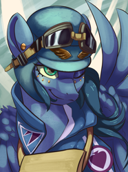 Size: 2340x3150 | Tagged: safe, artist:fly over, oc, pegasus, pony, equestria at war mod, bust, clothes, female, goggles, goggles on head, helmet, mare, one eye closed, pegasus oc, pilot, portrait, smiling, uniform