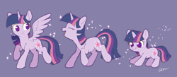 Size: 2300x1000 | Tagged: safe, artist:sion, twilight sparkle, alicorn, pony, unicorn, g4, age progression, cute, female, filly, filly twilight sparkle, foal, horn, japanese reading order, mare, no pupils, older, open mouth, open smile, progression, purple background, signature, simple background, smiling, solo, spread wings, twiabetes, twilight sparkle (alicorn), unicorn twilight, wings, younger