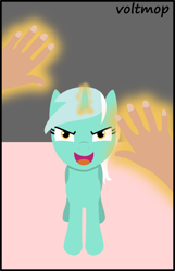 Size: 600x930 | Tagged: safe, artist:voltmop, lyra heartstrings, human, pony, unicorn, g4, body swap, female, glowing, glowing horn, horn, human to pony, looking at you, magic, mare, offscreen character, pony to human, pov, transformation, transformation sequence