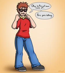 Size: 3744x4182 | Tagged: safe, artist:metallicumbrage, part of a set, human, glasses, gradient background, high res, human to anthro, jewelry, male, male to female, necklace, part of a series, peytral, rule 63, solo, speech bubble, sweat, sweatdrop, transformation, transgender transformation