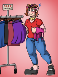 Size: 3166x4182 | Tagged: safe, artist:metallicumbrage, part of a set, princess cadance, human, g4, blushing, breasts, clothes, clothes rack, female, gradient background, high res, human to anthro, jewelry, male to female, necklace, part of a series, peytral, rule 63, skirt, solo, sweat, sweatdrops, transformation, transgender, transgender transformation