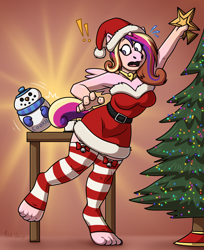 Size: 3800x4658 | Tagged: safe, artist:metallicumbrage, part of a set, princess cadance, alicorn, anthro, unguligrade anthro, g4, absurd resolution, bare shoulders, breasts, busty princess cadance, christmas, christmas tree, clothes, cookie, cookie jar, exclamation point, female, food, hat, holiday, human to anthro, human to pony, jewelry, male to female, necklace, oops, part of a series, reaching, rule 63, santa hat, socks, solo, stockings, stretching, striped socks, sweat, sweatdrops, tail, thigh highs, this will end in little crackly pieces, tight clothing, tiptoe, toes, transformation, transgender, transgender transformation, tree, wide eyes