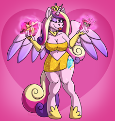 Size: 4048x4278 | Tagged: safe, artist:metallicumbrage, part of a set, princess cadance, alicorn, anthro, unguligrade anthro, g4, ;p, absurd resolution, bare midriff, bare shoulders, belly, belly button, big breasts, breasts, busty princess cadance, candy, cleavage, clothes, crown, dress, evening gloves, eyeshadow, female, fingerless elbow gloves, fingerless gloves, food, gloves, glowing, heart shaped box, holiday, human to anthro, human to pony, jewelry, levitation, long gloves, long mane, long tail, looking at you, magic, magic aura, makeup, male to female, necklace, one eye closed, part of a series, pink background, regalia, rule 63, short dress, side slit, signature, simple background, smiling, solo, sparkles, spread wings, standing, tail, telekinesis, tight clothing, tongue out, total sideslit, transformation, transgender, transgender transformation, valentine's day, wall of tags, wings, wink, winking at you