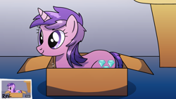 Size: 3840x2160 | Tagged: safe, artist:yourboimario, amethyst star, sparkler, pony, unicorn, your little cat 3, g4, behaving like a cat, box, female, high res, horn, if i fits i sits, indoors, mare, pony in a box, solo