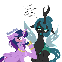 Size: 2997x2997 | Tagged: safe, artist:cookie-ruby, queen chrysalis, twilight sparkle, g4, alternate universe, female, lesbian, ship:twisalis, shipping