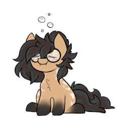 Size: 512x512 | Tagged: safe, artist:_candypone_, oc, oc only, oc:nixie tube, bat pony, earth pony, hybrid, wingless bat pony, bubble, coat markings, dappled, drunk, eyes closed, fangs, flushed face, glasses, simple background, sitting, smiling, socks (coat markings), solo, transparent background, wingless