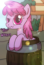 Size: 1761x2586 | Tagged: safe, artist:yourboimario, berry punch, berryshine, earth pony, pony, g4, alcohol, barrel, cider, drink, drunk, female, looking at you, mare, outdoors, pony in a barrel, talking to viewer